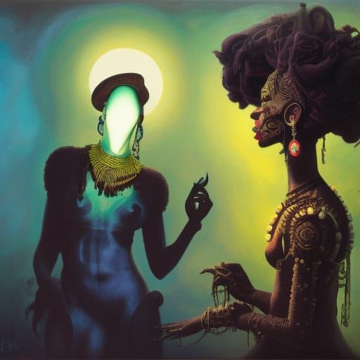 Androgynous dark-skinned Regal orisha, moonlit water, audrey...