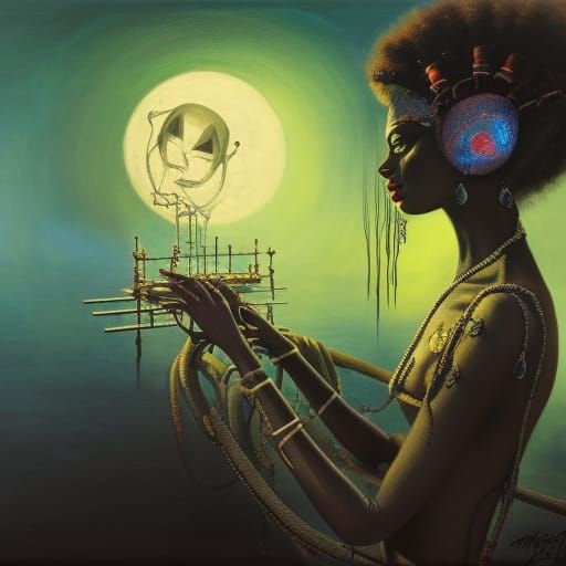 Androgynous dark-skinned Regal orisha, moonlit water, audrey...