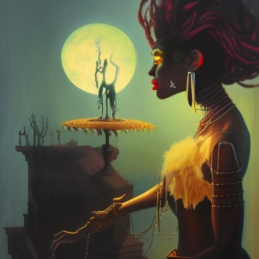 Androgynous dark-skinned Regal orisha, moonlit water, audrey...