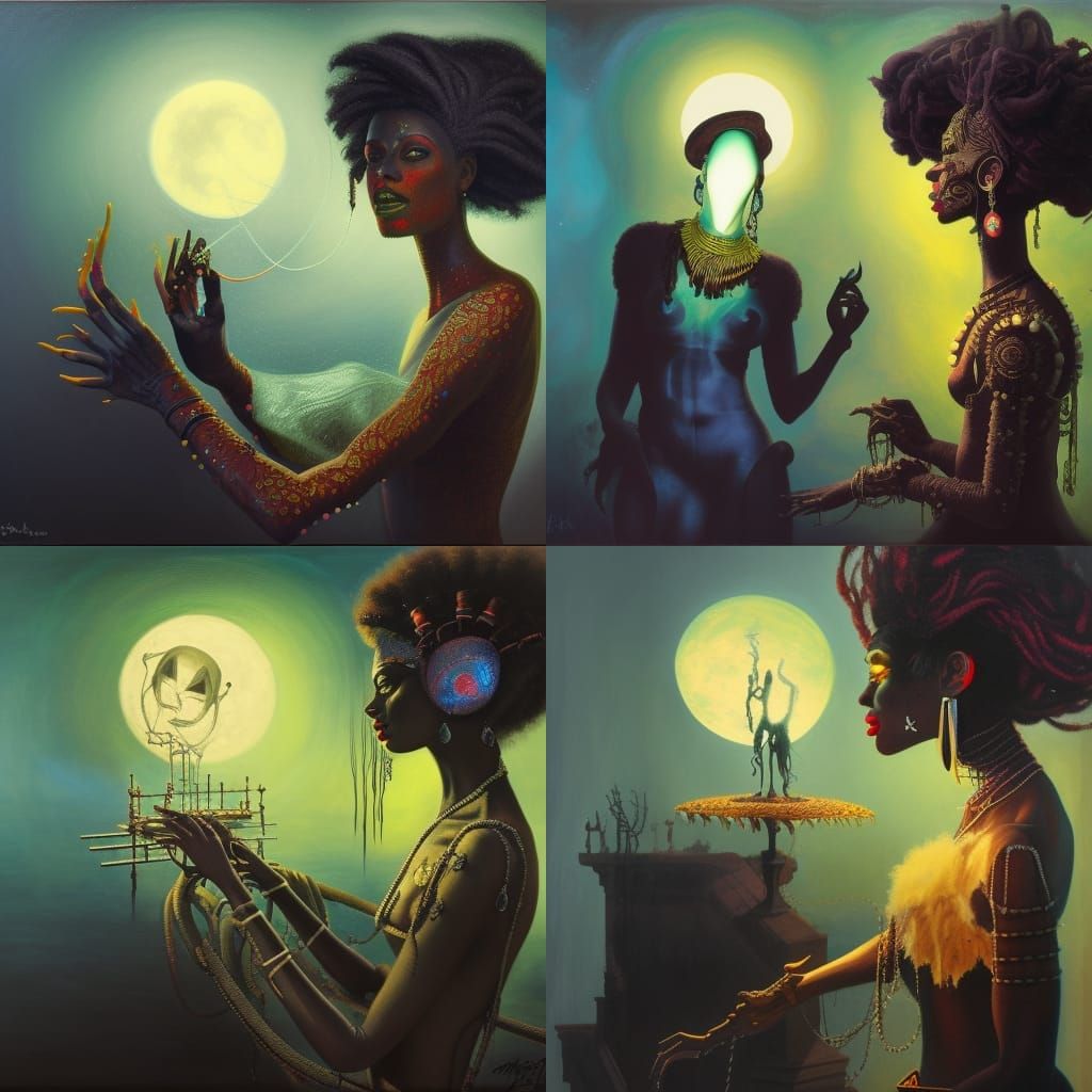 Androgynous dark-skinned Regal orisha, moonlit water, audrey...