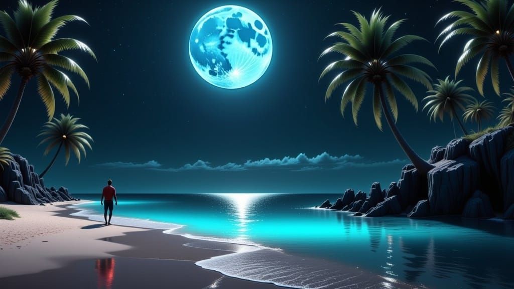 dark beach on the Mediterranean, sideways palm trees, black night sky, very large blue moon over the water, shimmering water, overhead view,...
