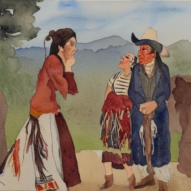 A watercolor of a rich woman sneering at a cowboy and native...
