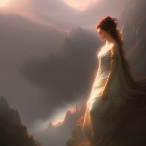 A beautiful female Goddess emerging from a majestic mountain...