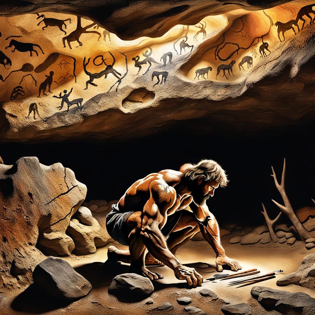 Caveman looking at his tools