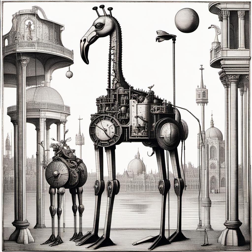 Mechanical flamingo with giraffe's neck 
Mecha by Jan van Ey...
