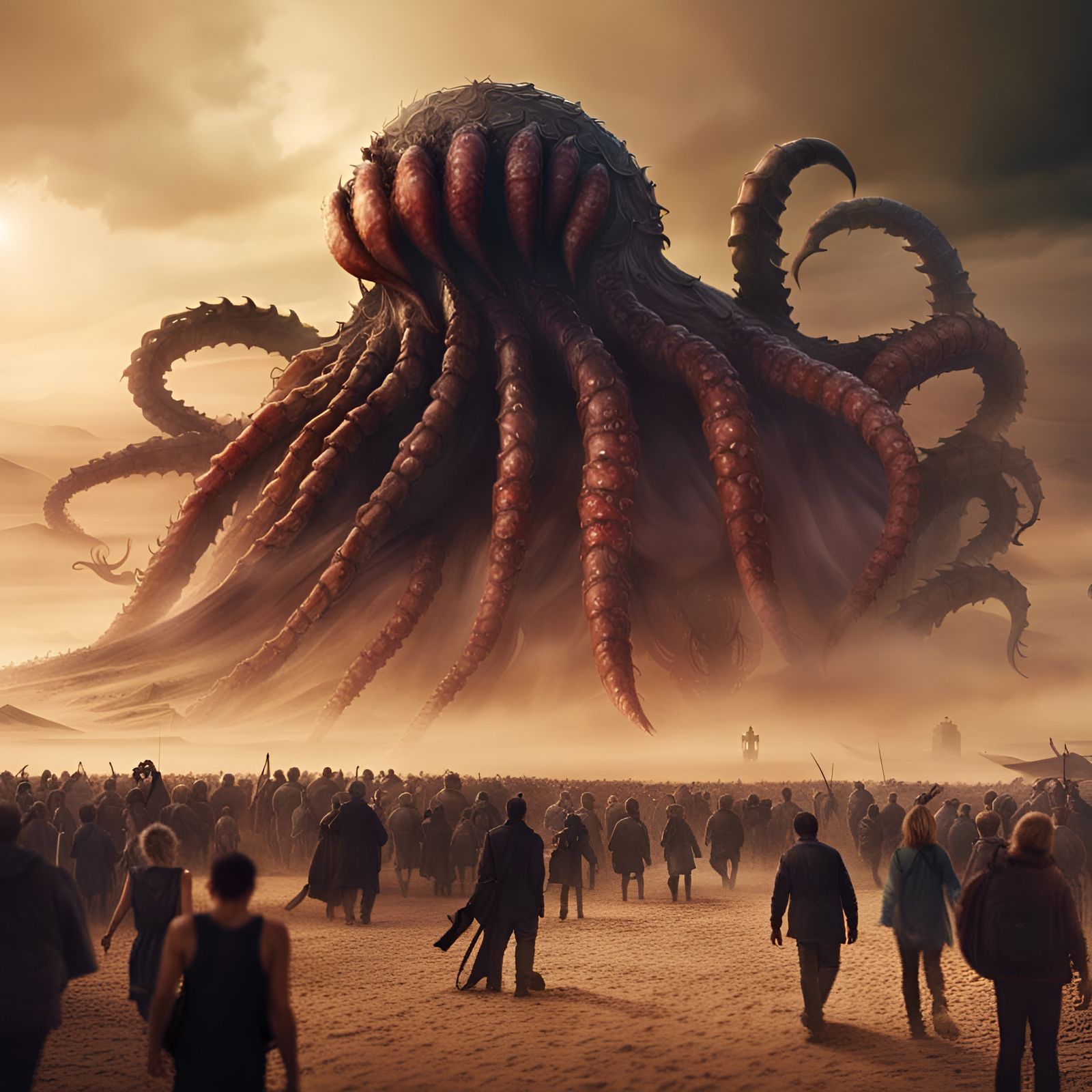 giant tentacle monster approaching crowd, black shell, crab claws