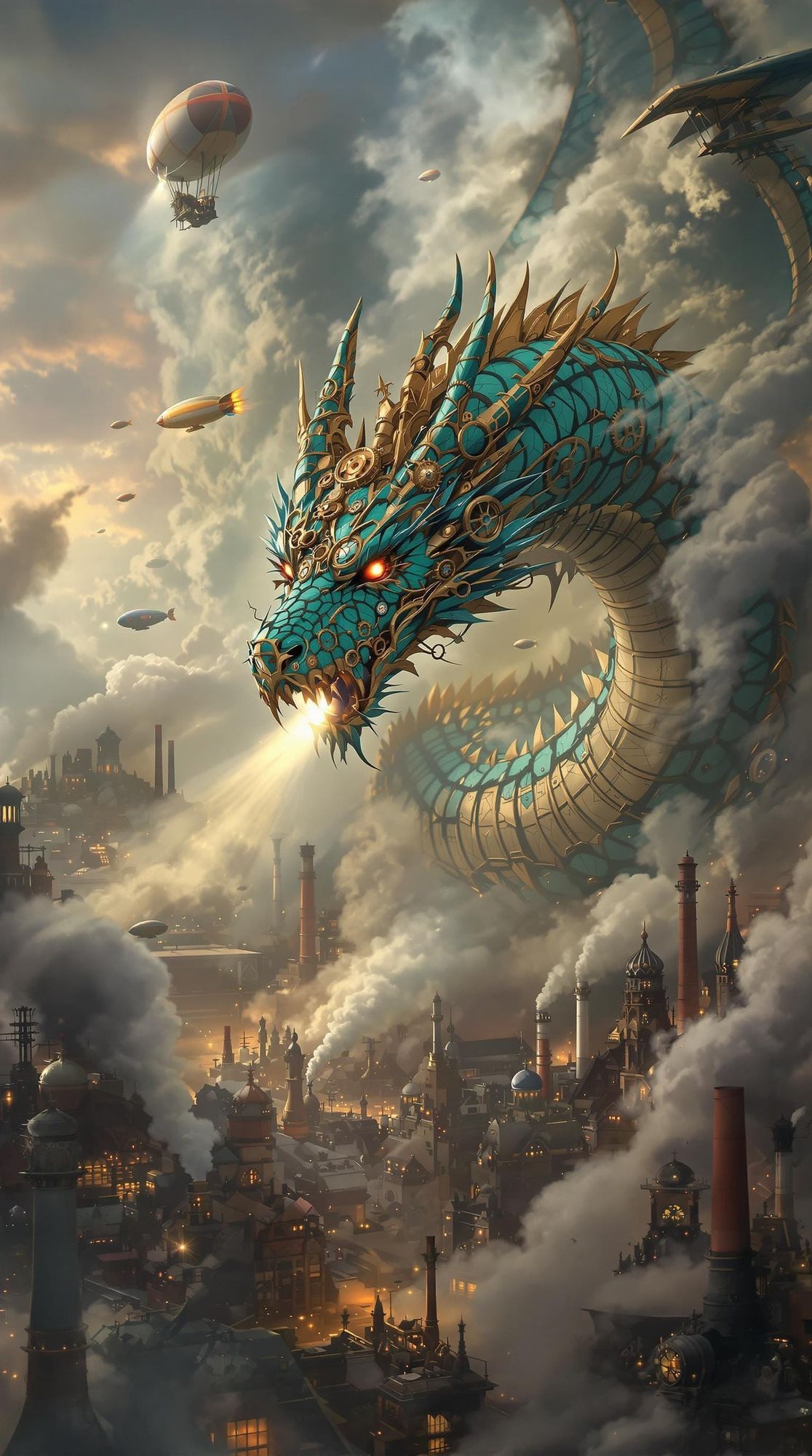 A steampunk dragon with intricate gears and cogs for scales soars through a smoke-filled sky above a Victorian city. The dragon's eyes glow ...