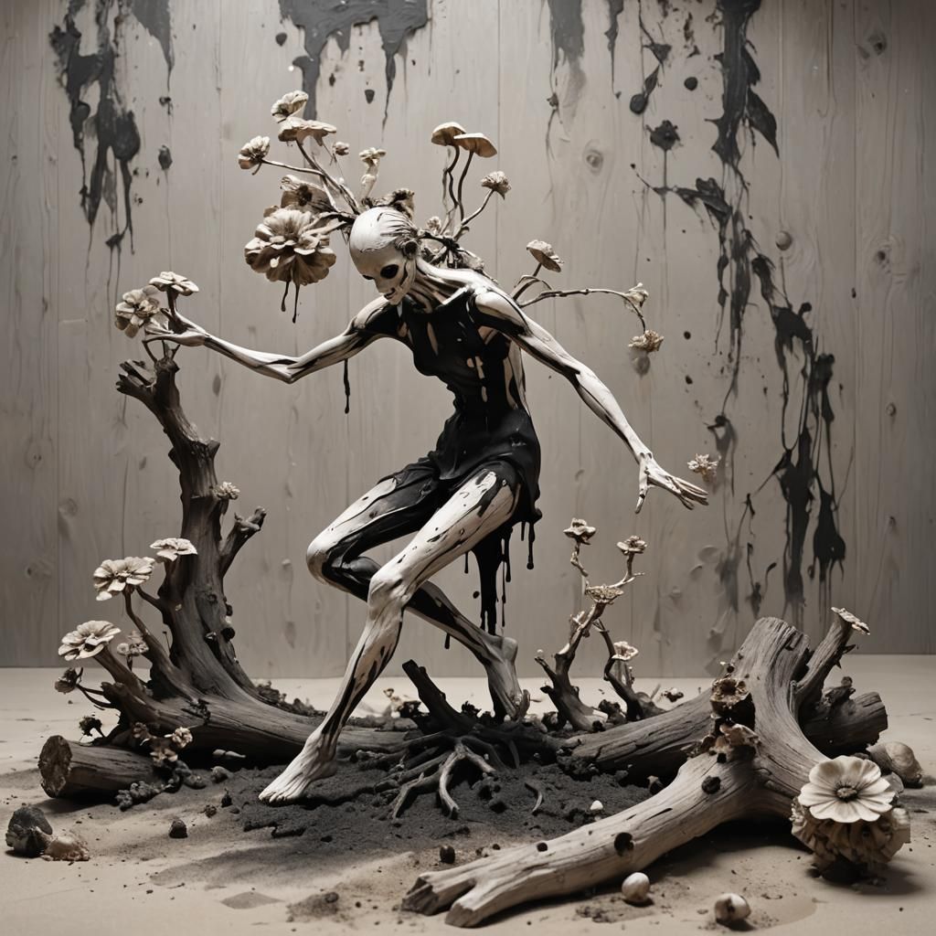 A rotten wood sculpture of a abstract simple dancer in a lod...