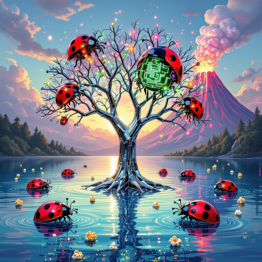 Ladybugs exposed to radiation grow large as people start to disappear.....in a tree made of shiny chrome metal grows out of a lake of clear water, just under the surface giant ladybugs with stained glass windows for b...