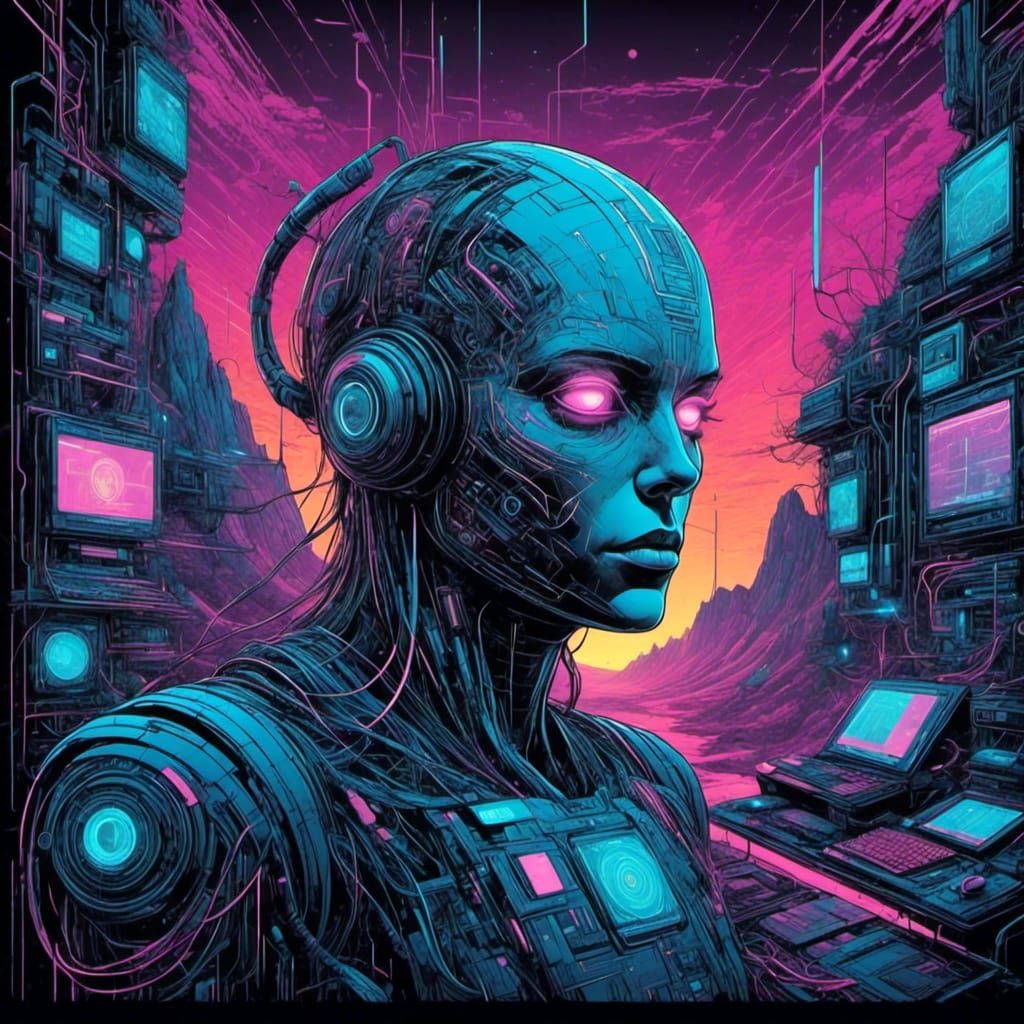 <lora:synthsanity:1.0> Amazingly intricate powerful synthwave vector image of a disembodied spectral sinister figure looking into a valley o...