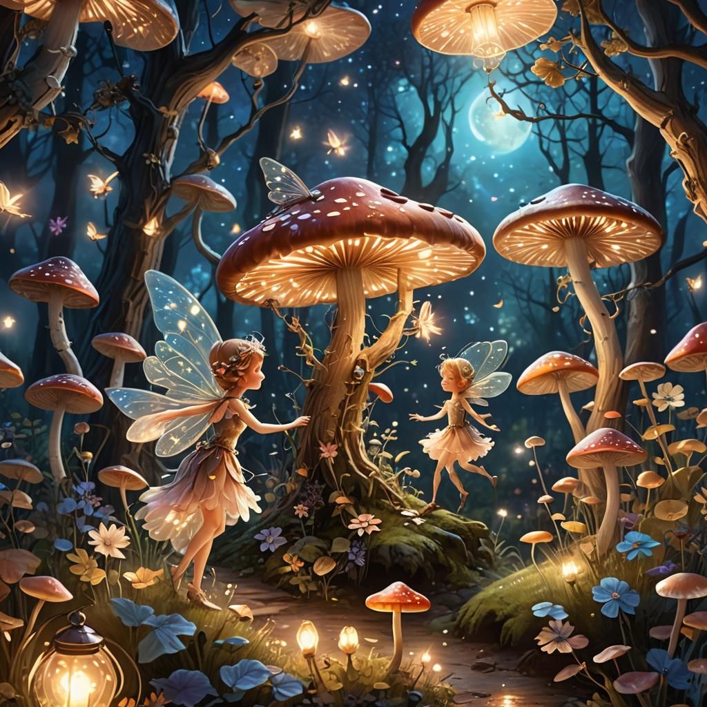 Small fairies in a moonlit Forrest filled with flowers and mushrooms 