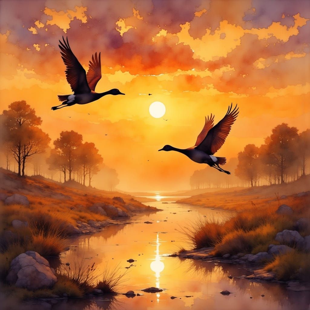 Romantic Sunset Landscape with Majestic Geese in Flight