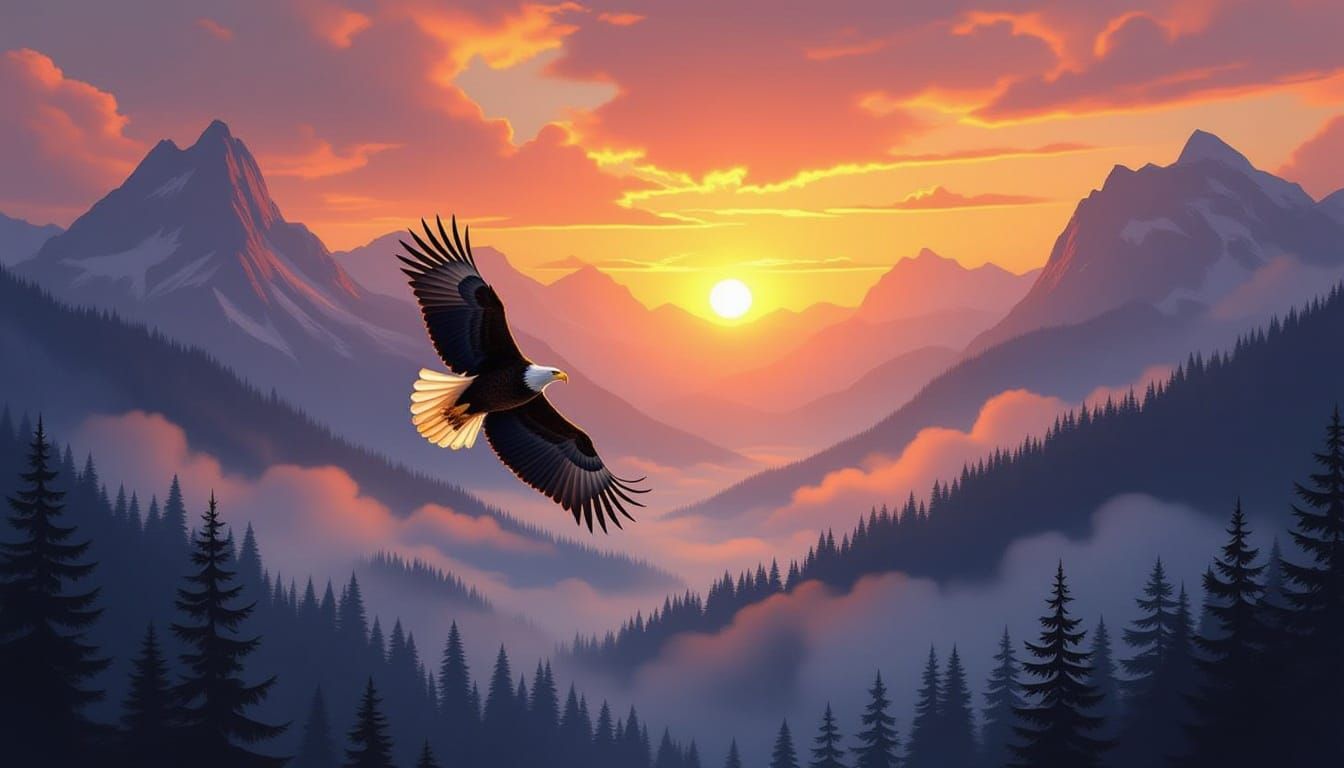 bald eagle coasting over a mist shrouded pine tree filled mountain valley with the sun setting