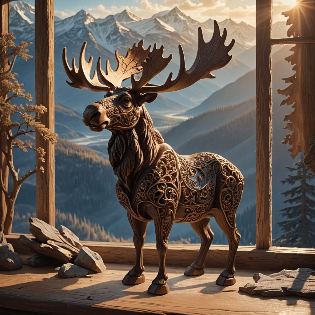 a small wooden moose carving standing on a dusty window looking over the mountains in the sunlight  by @CFB