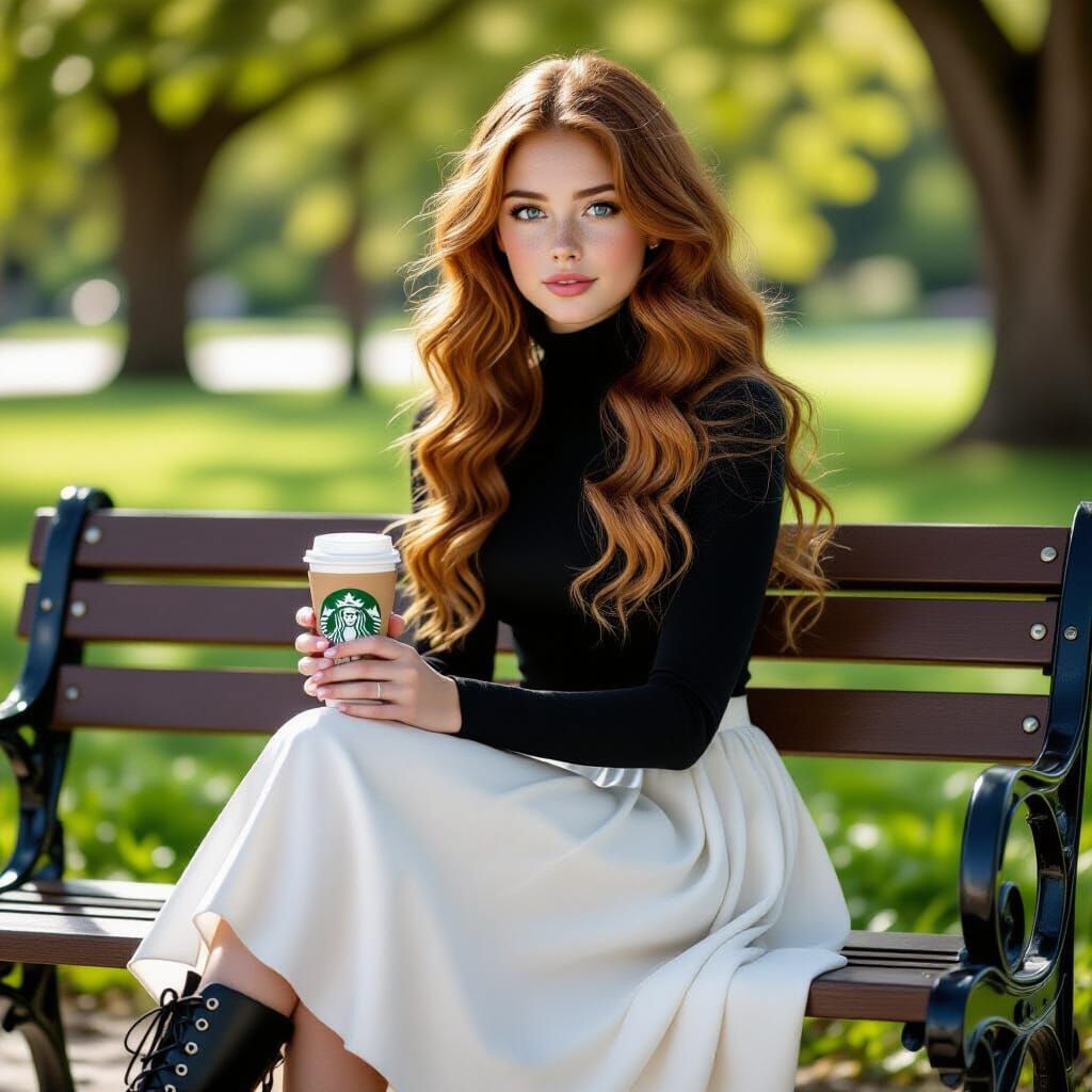 Teenage Girl on Park Bench in Lush Greenery
