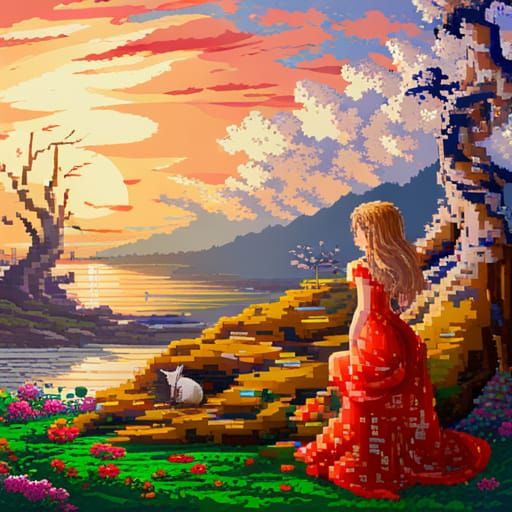 Woman and cat Pixel Art  by @Beatrice