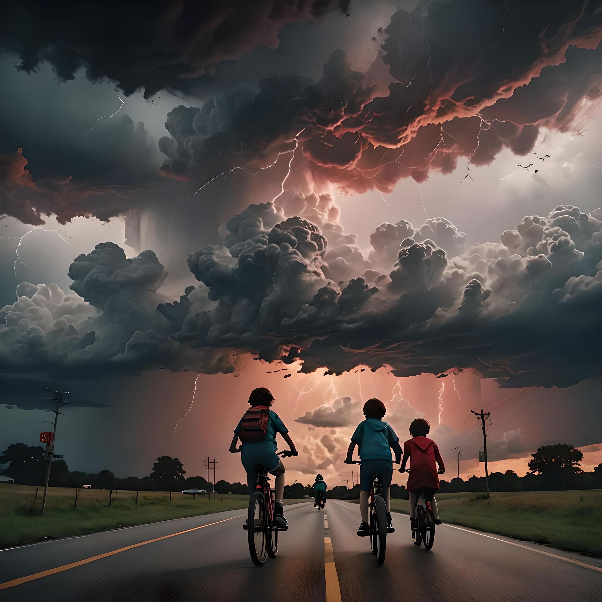 An epic masterpiece of the children from strangers things riding their bikes seeing the very , very dark storm clouds all over the sky, with...