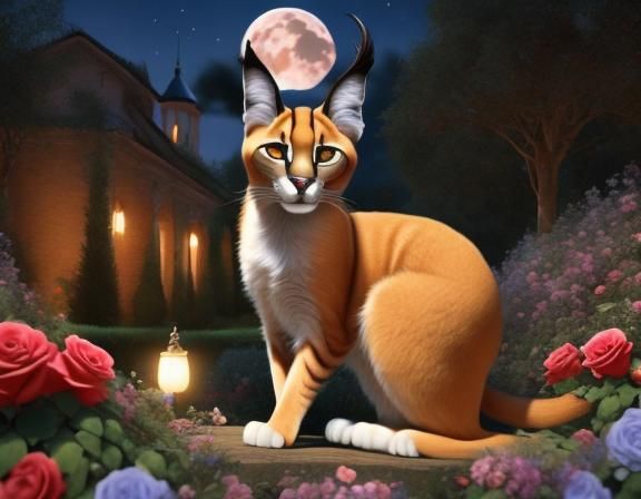 Stunning caracal in a rose garden under the full moon <lora:Moonlight Garden:1.0> enhanced CGI render
