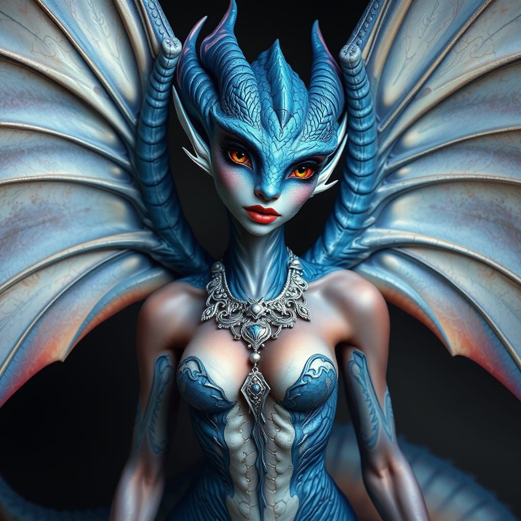 Ethereal Dragon Maiden in Vibrant Blues and Silvers