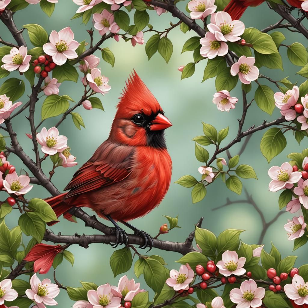 Cardinal in Tree with Leaves & Blossoms