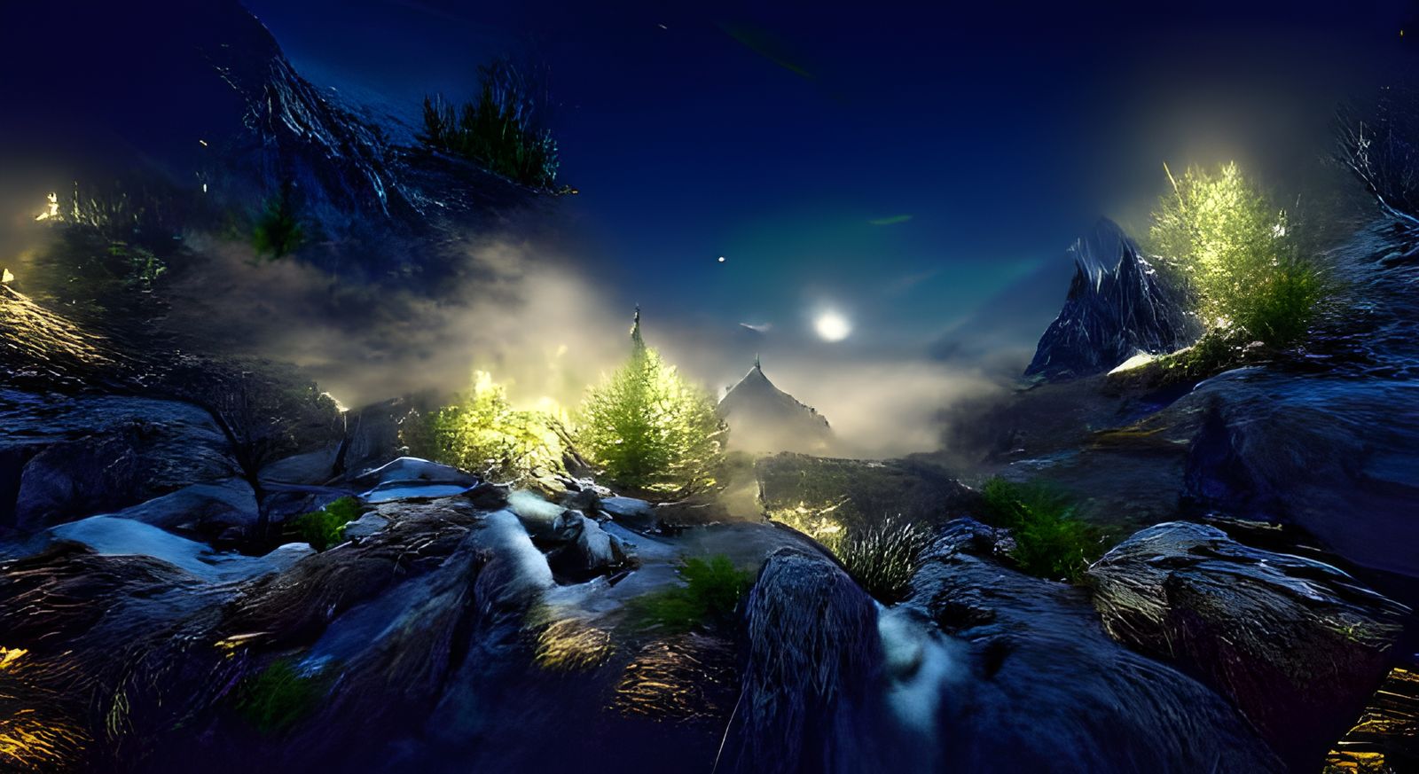 beautiful magical fantasy mountain wilderness at night 8K 3D...