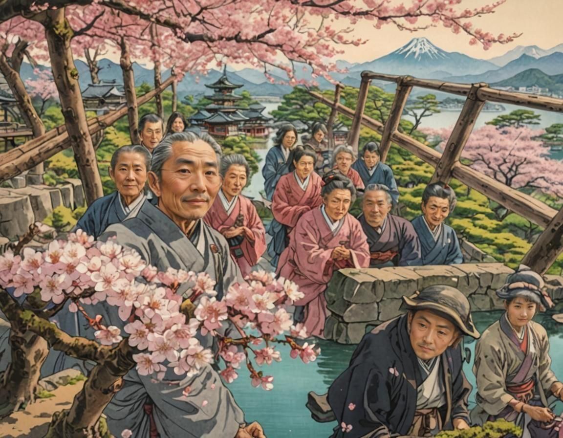 A beautiful ancient sakura tree in front of a lake. Mountain...