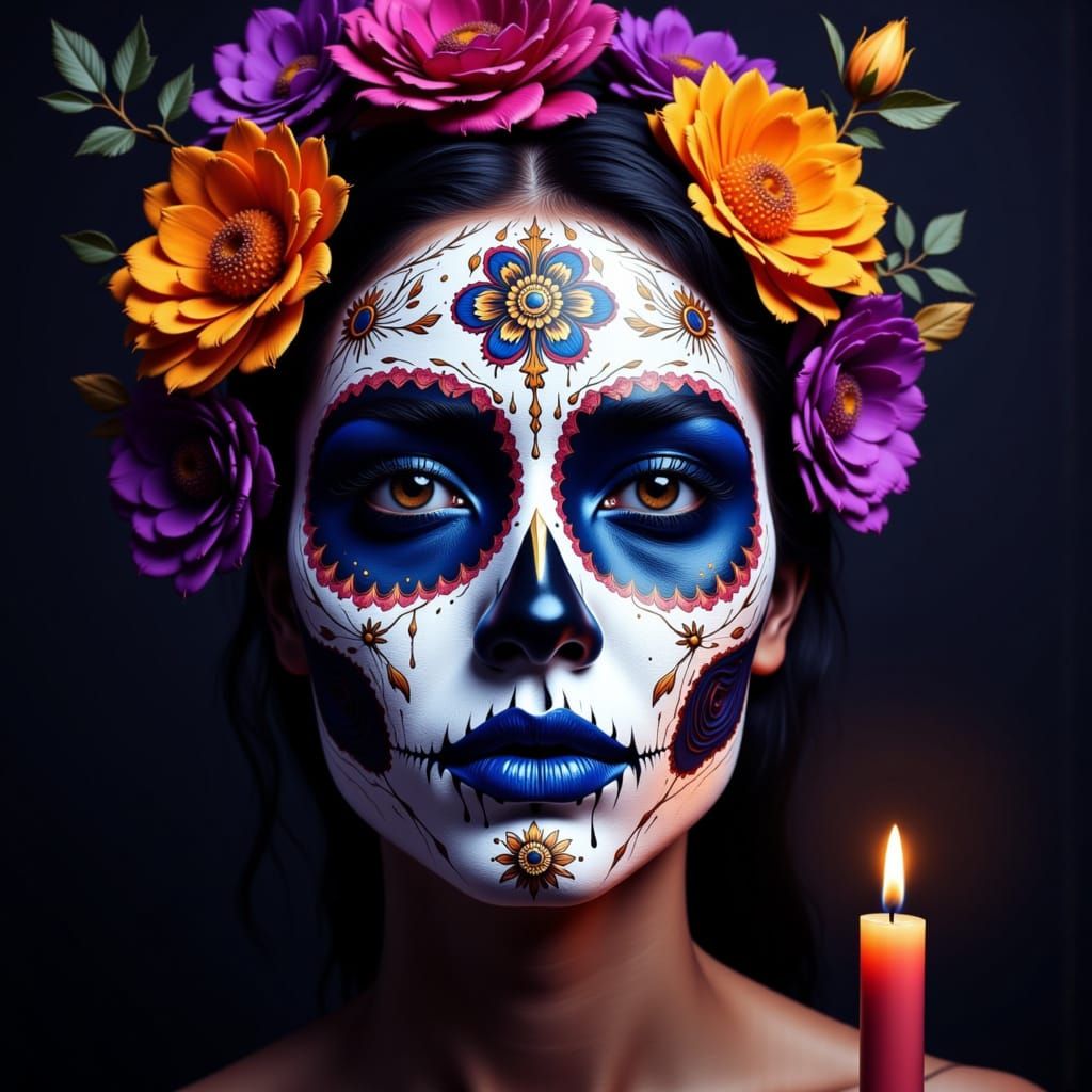 <lora:Golden Shadows:1.0> Dia De Los Muertos Sugar Sugar Skull  Make Up