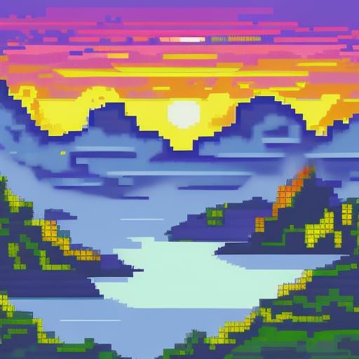 Pixelated sunrise over mountains landscape scenery, pixel art - AI ...