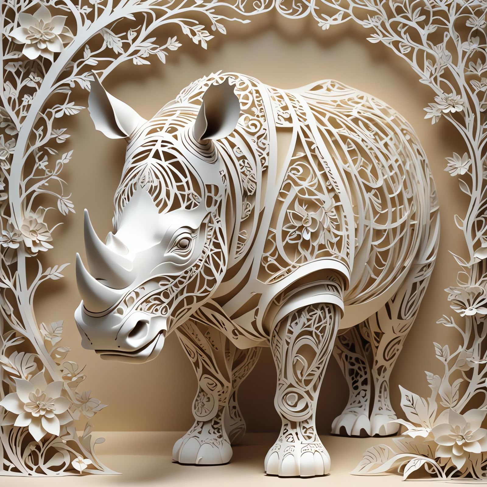 Kirigami sculpture of a rhinoceros  by @Tankster