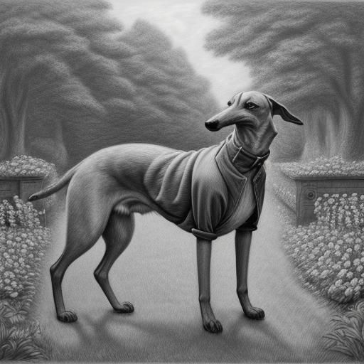 greyhound in a jacket  in a old english garden