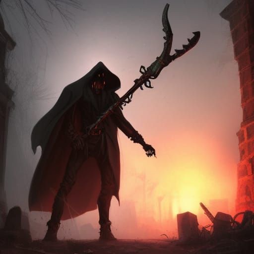 In the middle of an abandoned city, the grim reaper stands i...