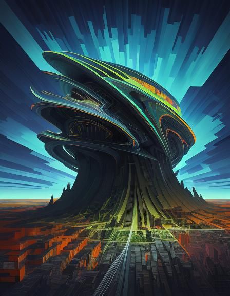  neofuturistic look less technologically developed pixelated architecture, bewildering and ravish landscape