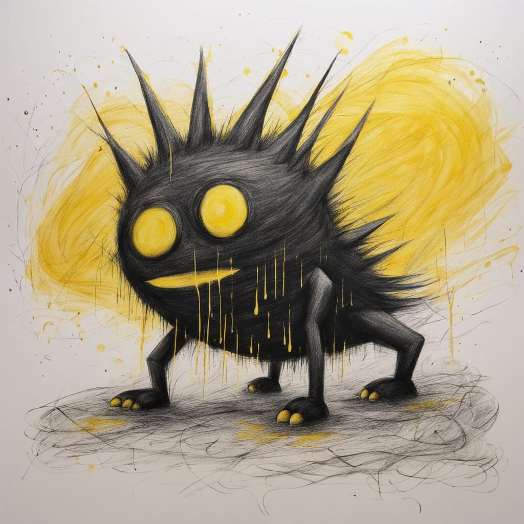A child-like crayon drawing of an imaginative oil monster with a playful and whimsical appearance. The creature has large, glowing yellow ey...