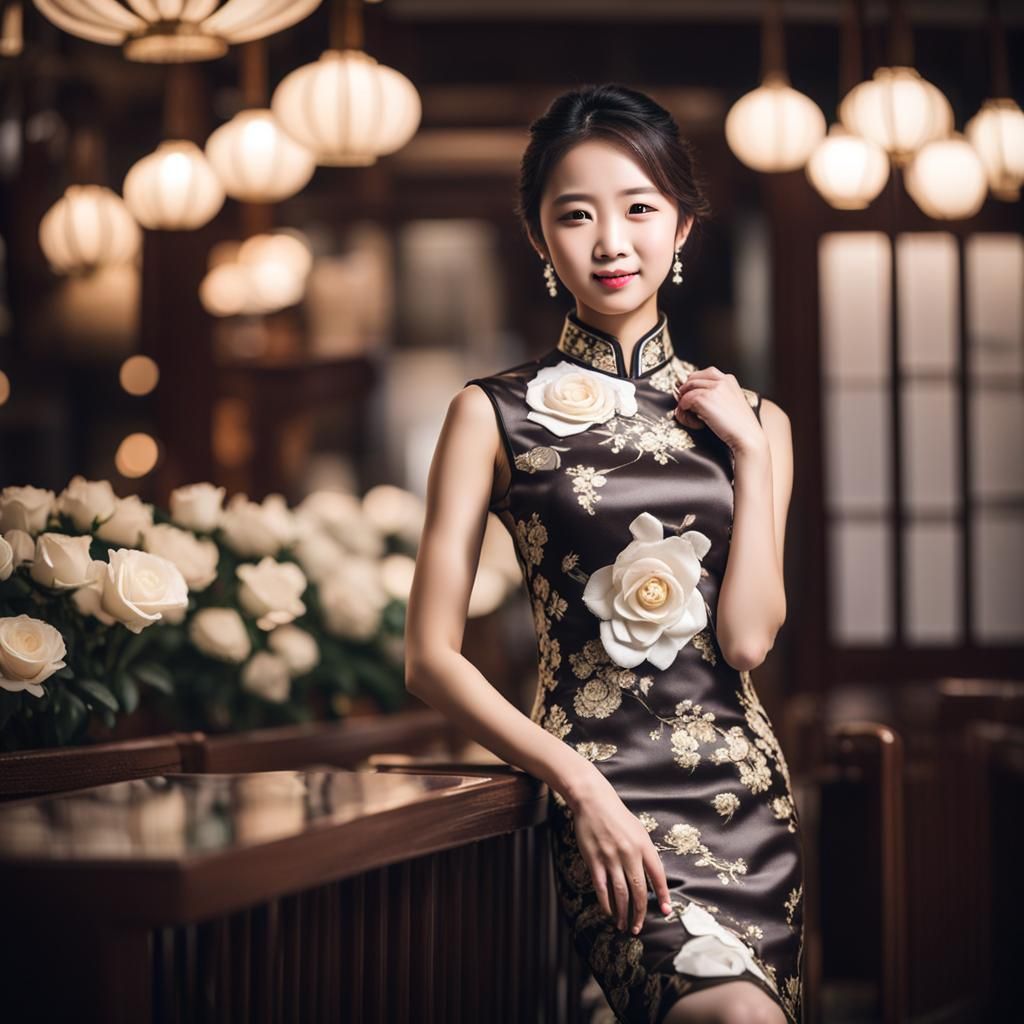 Cheongsam Beauty in Dark Chocolate and White Rose
