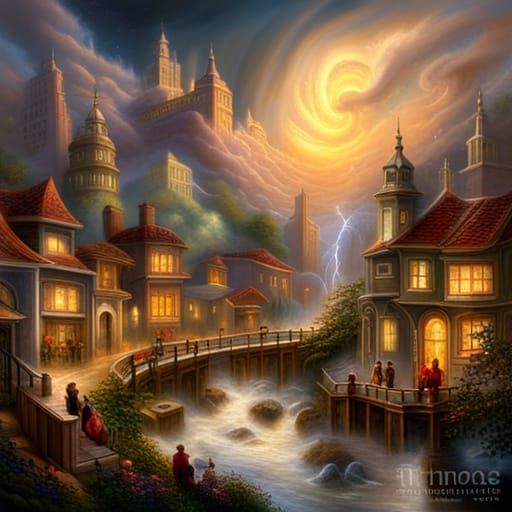 A city engulfed in a swirling vortex of clouds and lightning...