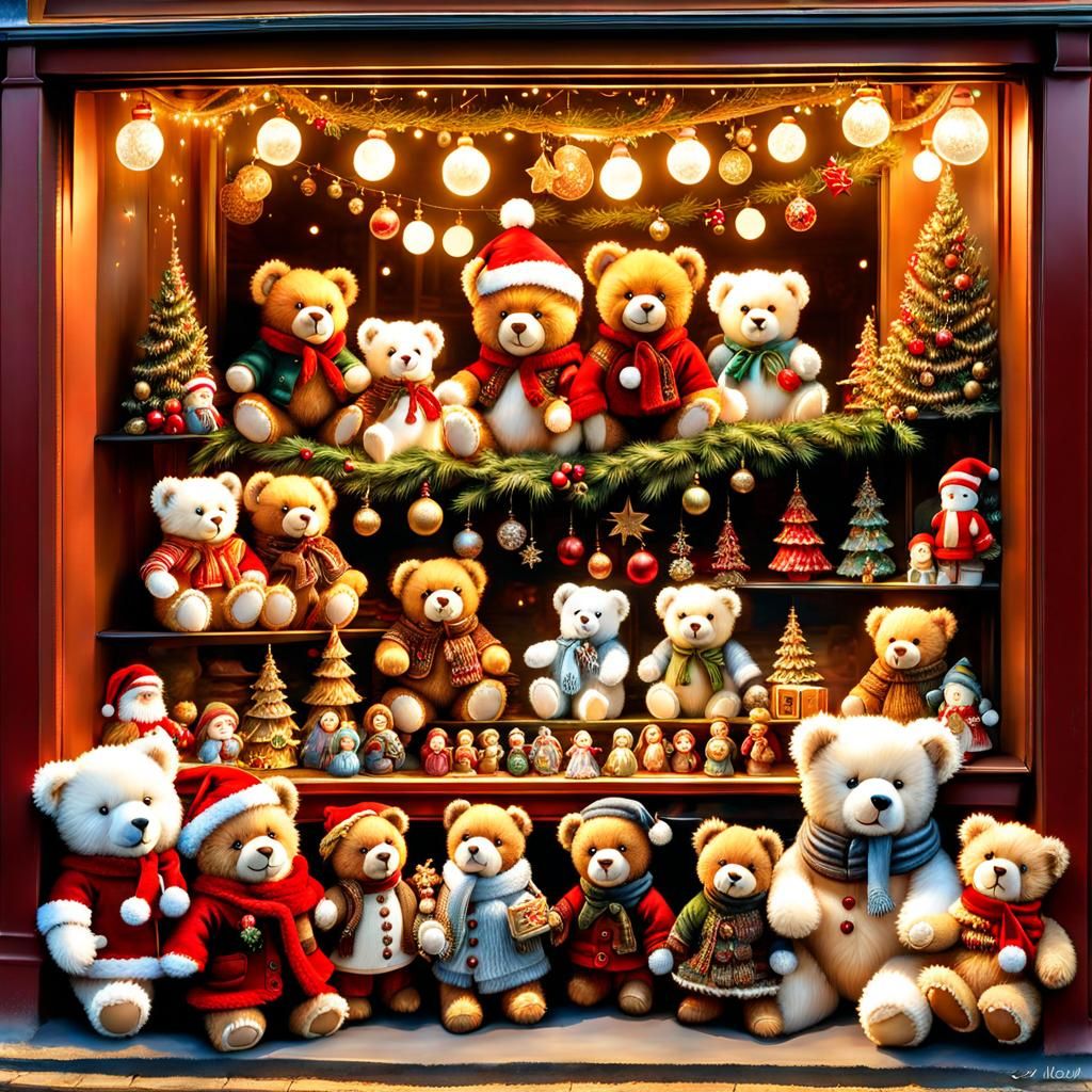 Cute Christmas Toyshop Window Display with Lots of Teddybear...