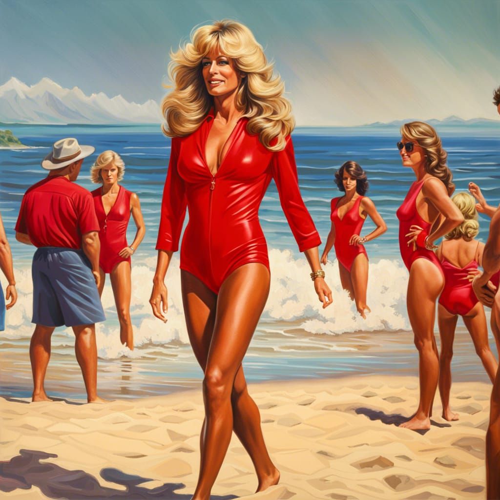 Farrah Fawcett in her famous red swimsuit AI Generated Artwork