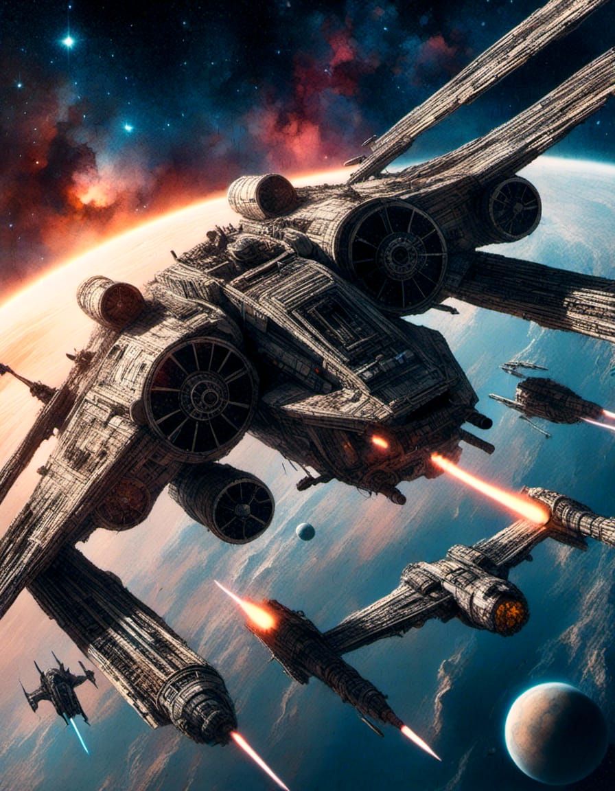 <lora:Barbarian Hero Style:1.0> Star Wars falcon Millenium , and two X-Wings  in space