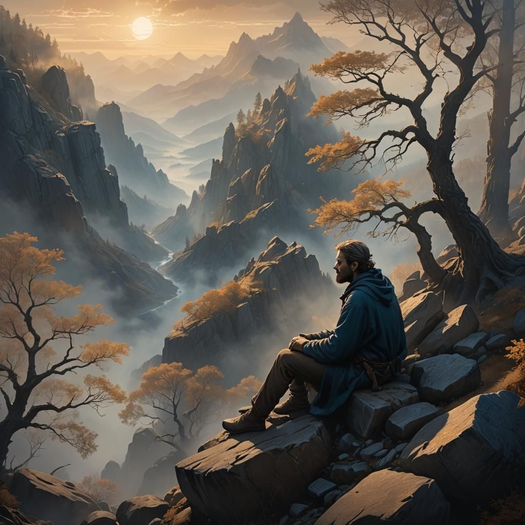 Ethereal Man on Misty Mountain Ledge