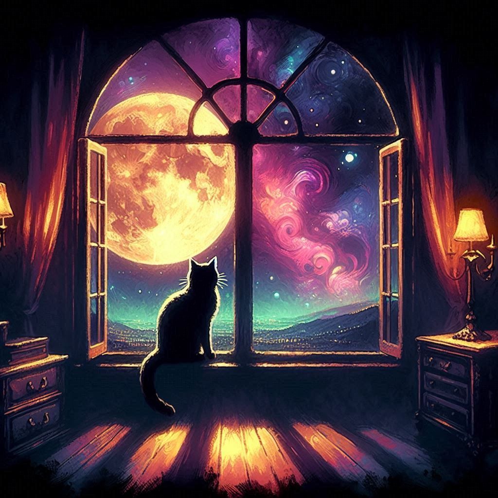 silhouette of cat staring out Victorian window moon dark-antique-saturated-pastel-oil watercolor finelined-anime (open p...