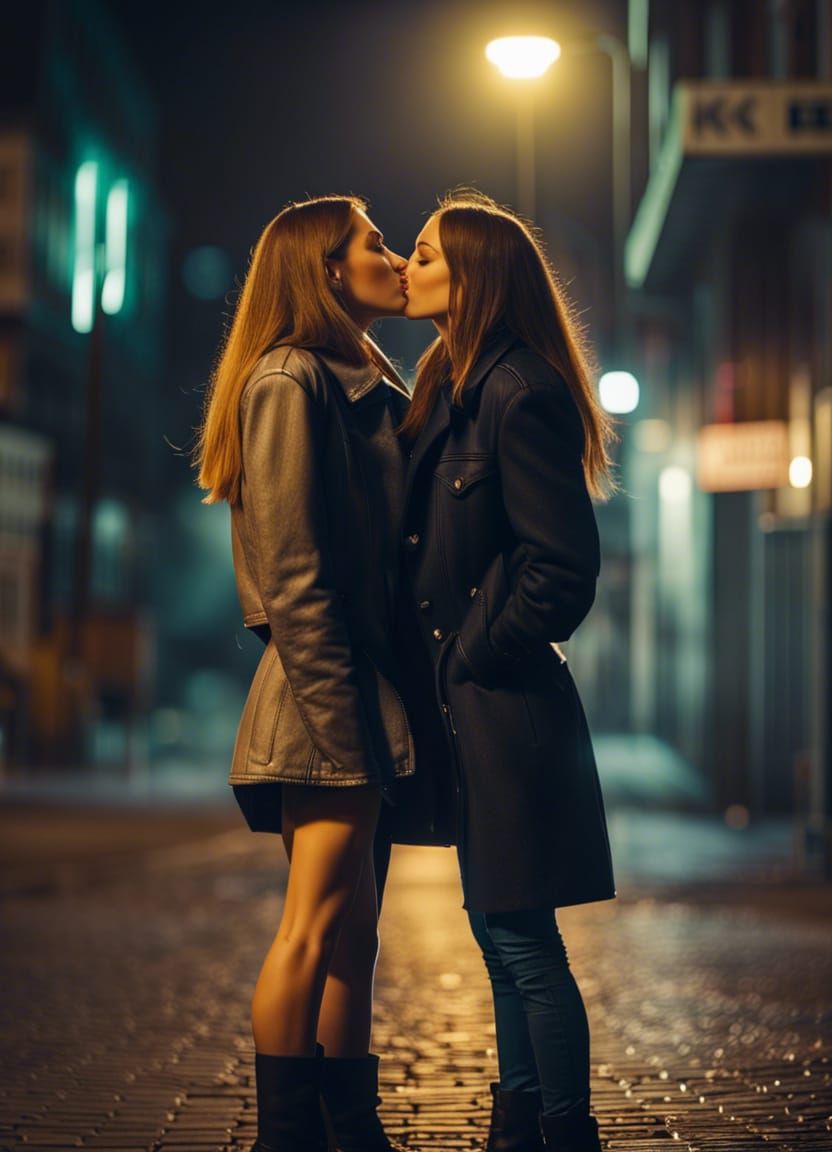 Two young women kiss each other in the street at night