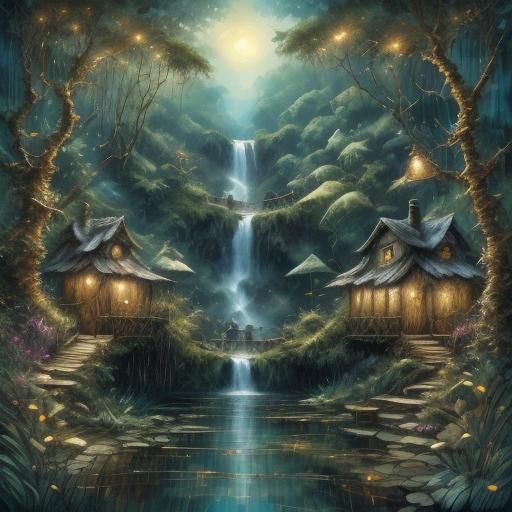 <lora:BeautyInEachStroke:1.0> bright midnight rainforest scene, captivating, detailed oil painting. Dripping, streaking, super detailed, dri...