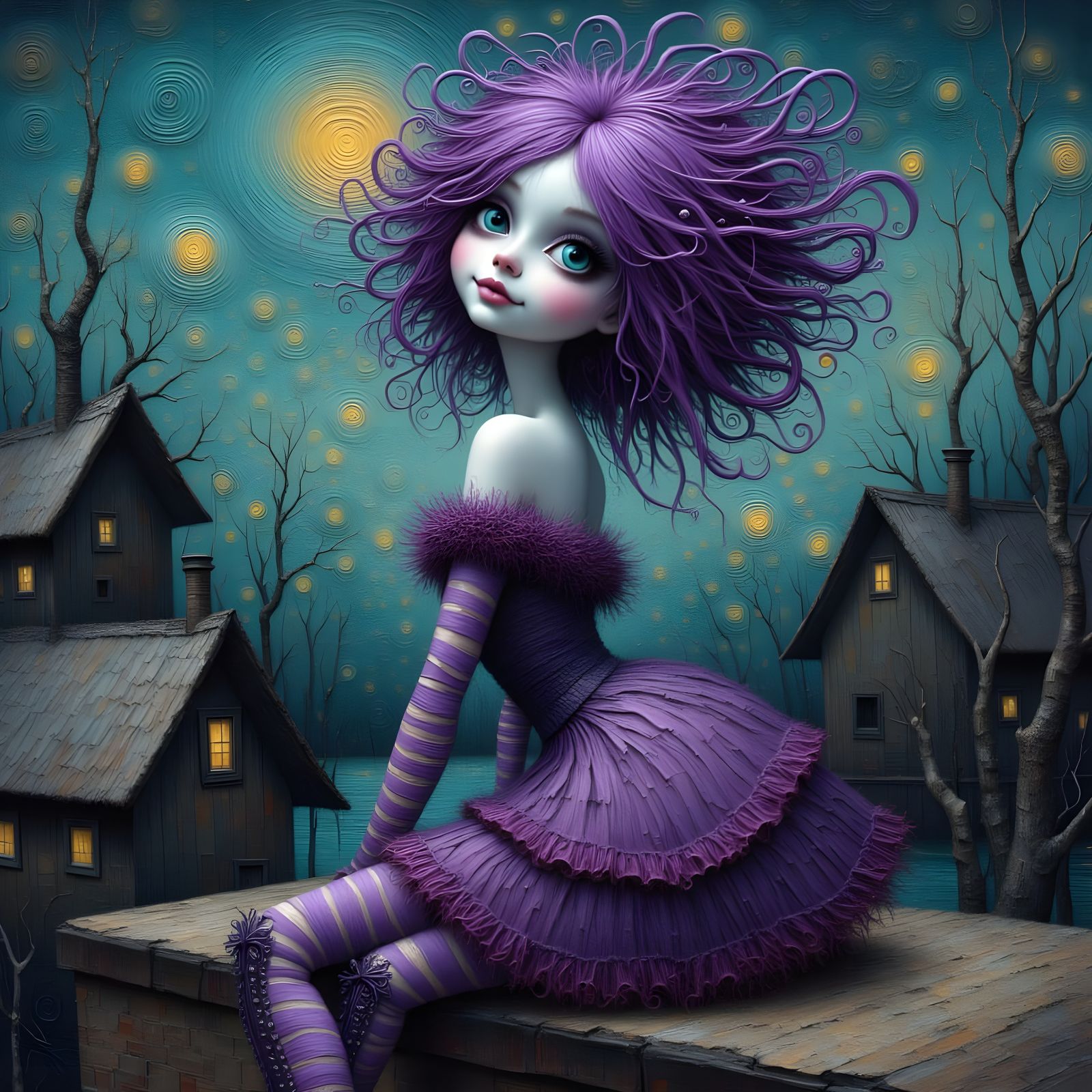 Elegant Doll on Rooftop in Surrealist Style