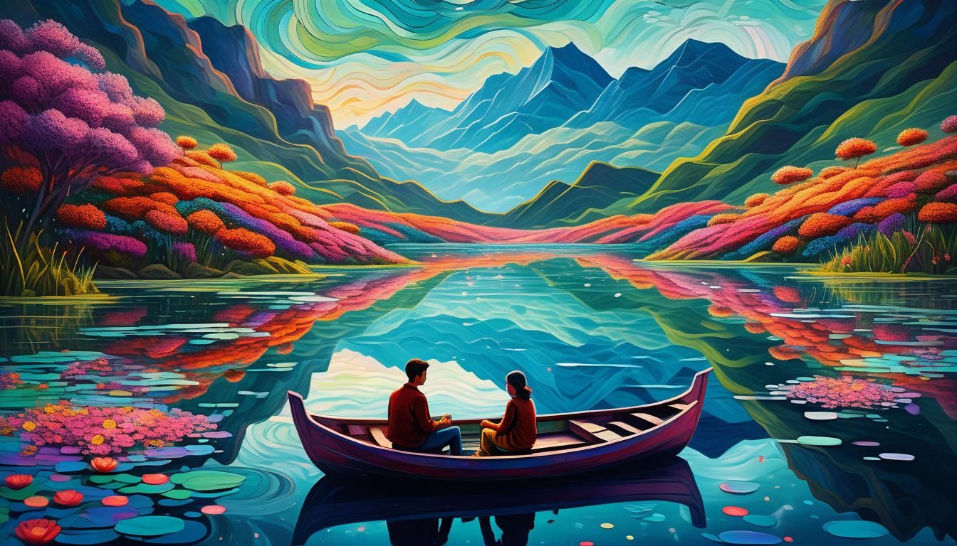 Romantic Cosmic Lake Illustration in Vibrant Oil Painting