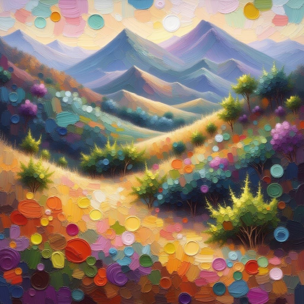 <lora:kak-ImpastoLush:1.0>Gorgeous deep impasto circle strokes of the mountains in Latin America