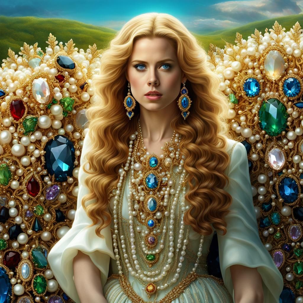 Amy adams standing in a field of pearls and jewels, very lon...