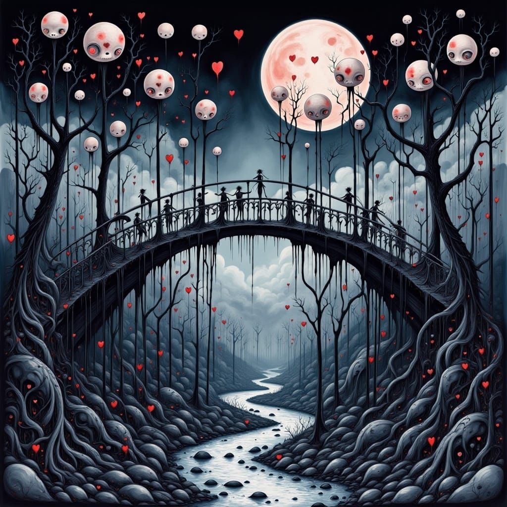 <lora:My Darking Valentine:1.0> Creepy Fae children playing on eerie surreal colorful ink gothic bridge above a river, odd, creepy, pinhead,...