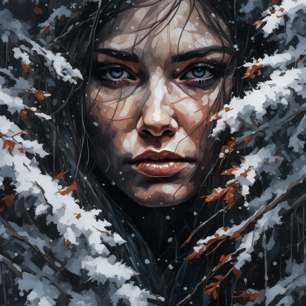 Macro closeup shot of a beautiful snowy woman framed by snowy branches <lora:Snowfall:1.0> dark matte background