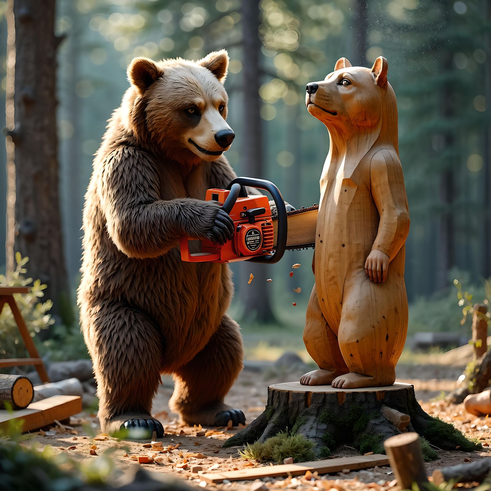 Brown bear carving a chainsaw bear