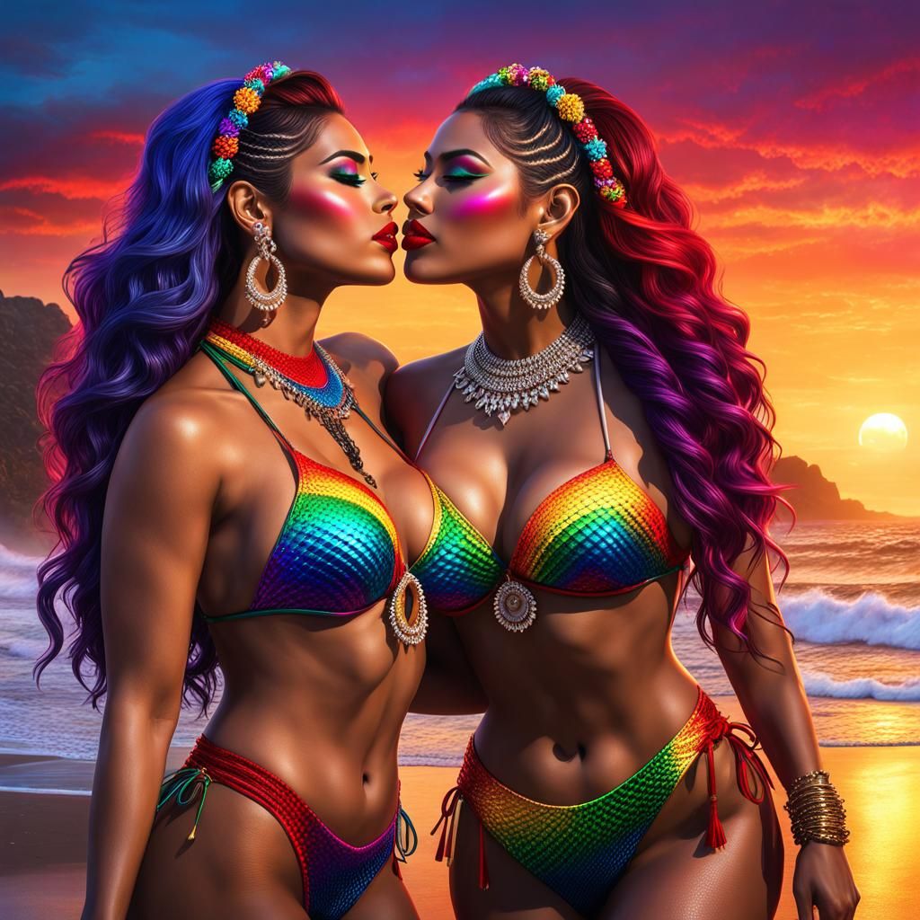 two beautiful young cholas hynas latinas mermaid rainbow string bikinis hugging and kissing chola makeup ...  by @Monica Anne